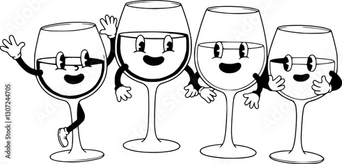 Cartoon retro groovy red and white glass characters. Two playful wine glasses cheer, smiling and waving with lively expressions, giving a cheerful and funky vibe for a lighthearted party celebration