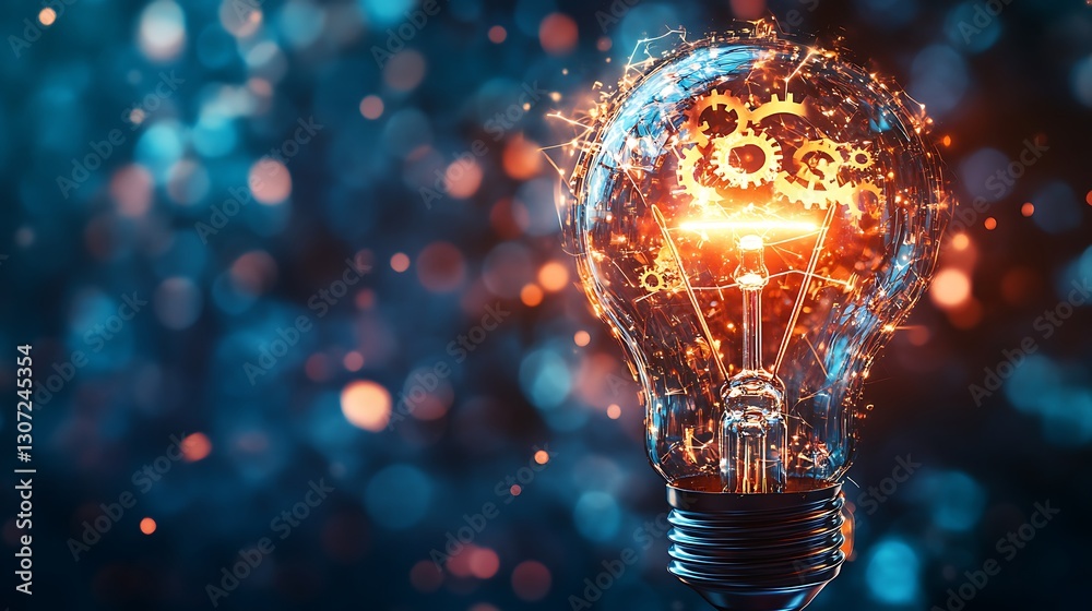 A glowing light bulb with gears inside against blurred background A glowing light bulb with gears inside against blurred background