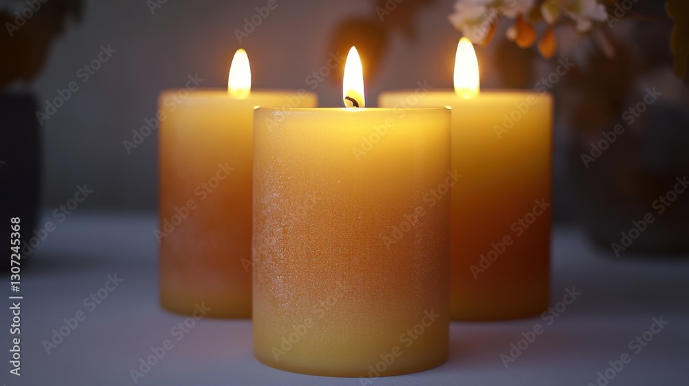 Three glowing candles with a warm gradient, surrounded by soft floral decor Three glowing candles with a warm gradient, surrounded by soft floral decor