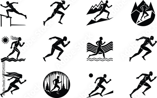 Athletic Running Silhouettes Track, Trail, and Obstacle Course Icons