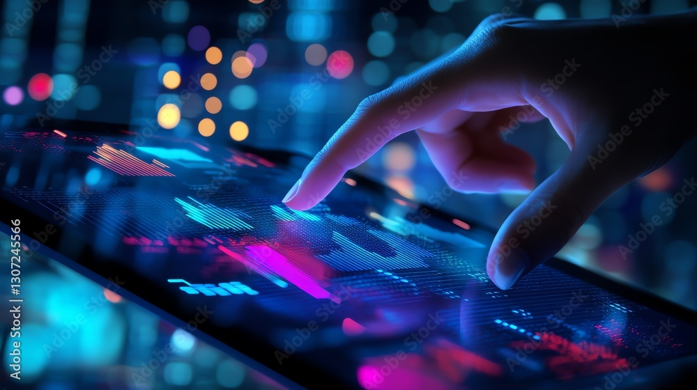 Fototapeta premium Person interacting with a futuristic touchscreen.