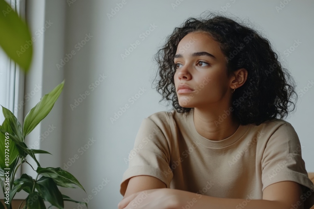 Pensive young woman contemplating by window with houseplant Pensive young woman contemplating by window with houseplant