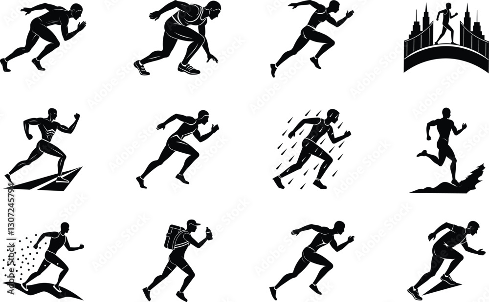 Running Silhouettes Diverse Athletes in Motion, Various Terrain Running Silhouettes Diverse Athletes in Motion, Various Terrain
