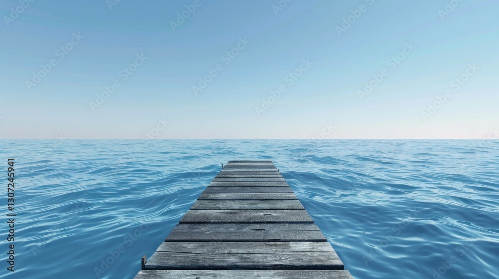 Fototapeta premium Wooden pier extending into a vast ocean under a bright blue sky