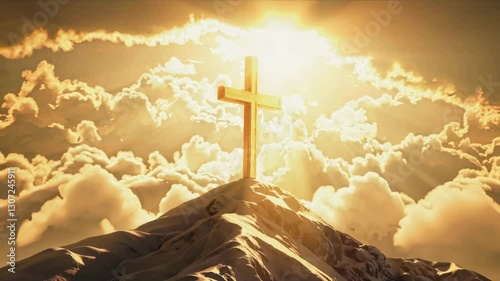 Glowing Christian Cross on Mountain Top Surrounded by Golden Light and Heavenly Clouds Faith Concept 4K Video