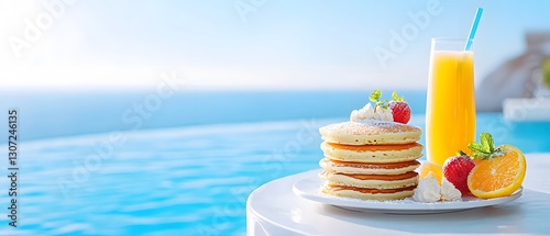 Summer poolside party brunch destination with pancakes fresh juices sand sea vibrant atmosphere