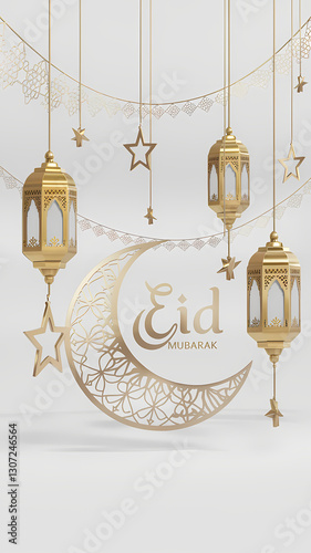 Minimalist Eid Mubarak Line Islamic Art Illustration Featuring Elegant Gold Lanterns, Crescent Moon, and Hanging Stars on a Clean White Background for a Sophisticated Ramadan Eid Festive Design