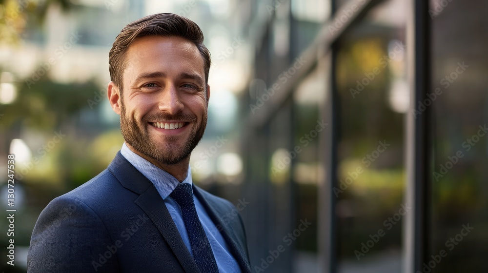 Handsome businessman smiles brightly while wearing a dark suit outdoors Handsome businessman smiles brightly while wearing a dark suit outdoors