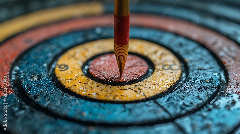 Achieving Success Close up of Dart Striking Bullseye on Worn Target Achieving Success Close up of Dart Striking Bullseye on Worn Target