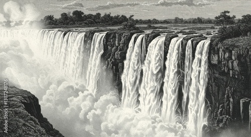 Black and White Illustration of Victoria Falls