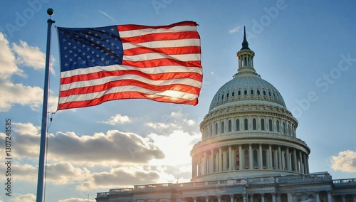 Wallpaper Mural A vibrant American flag flutters in the breeze against the backdrop of the Capitol building as the sun sets, casting a warm glow and highlighting the iconic dome Torontodigital.ca