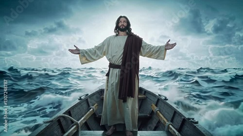 Jesus Christ Praying to Calm the Storm on the Boat and Rebuke the Wind, Biblical Scene from Mark Gospel Concept Representation Faith and Miracle Concept 4K Video