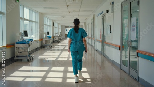 A healthcare professional in scrubs walks down a bright hospital corridor, sunlight illuminating the spacious area filled with medical equipment and empty patient rooms