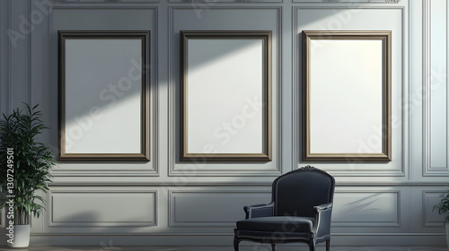 Three empty picture frames hang on the wall of an elegant living room
