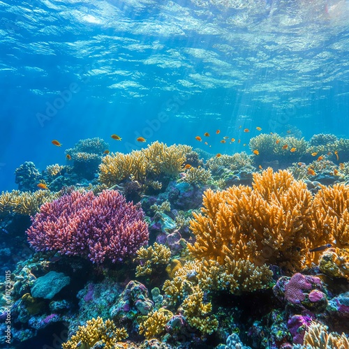 Lush vibrant underwater coral reef, diverse coral species, bright colors, schools of fish swimming, tropical ocean landscape photo
