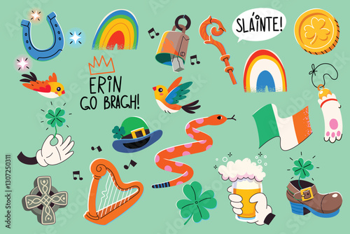 Collection of cute irish elements lucky charms and decorations. St Patricks day images.