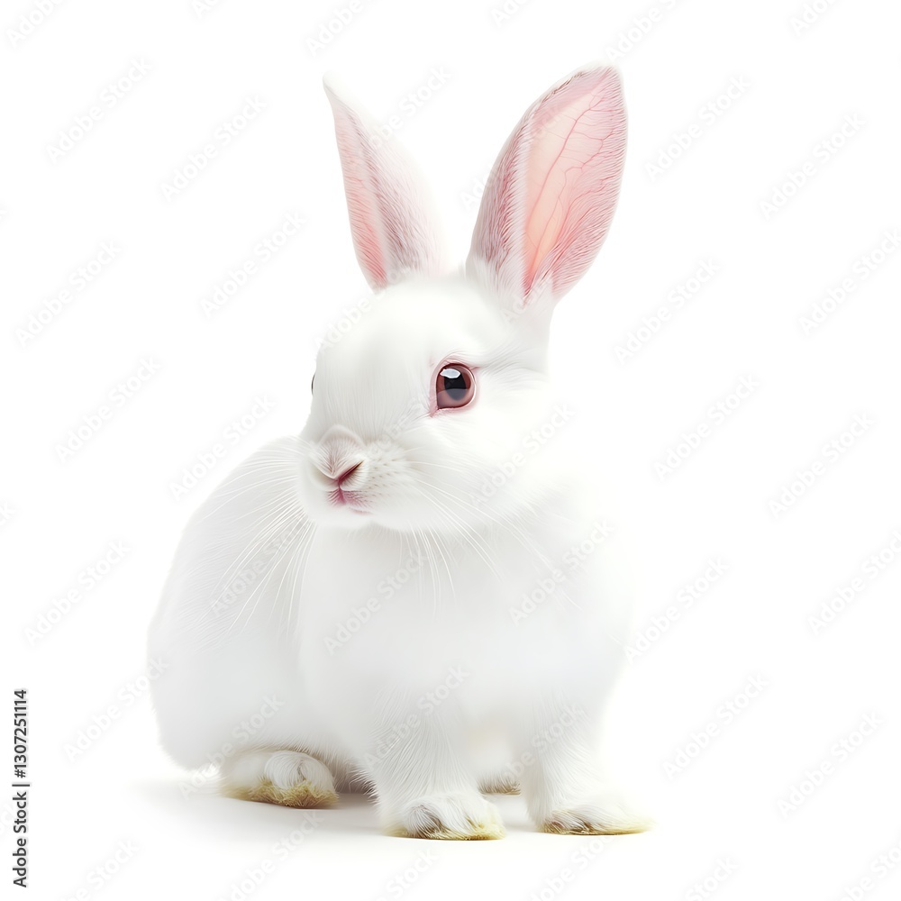 Cute White Rabbit with Pink Ears Isolated on White Background Cute White Rabbit with Pink Ears Isolated on White Background