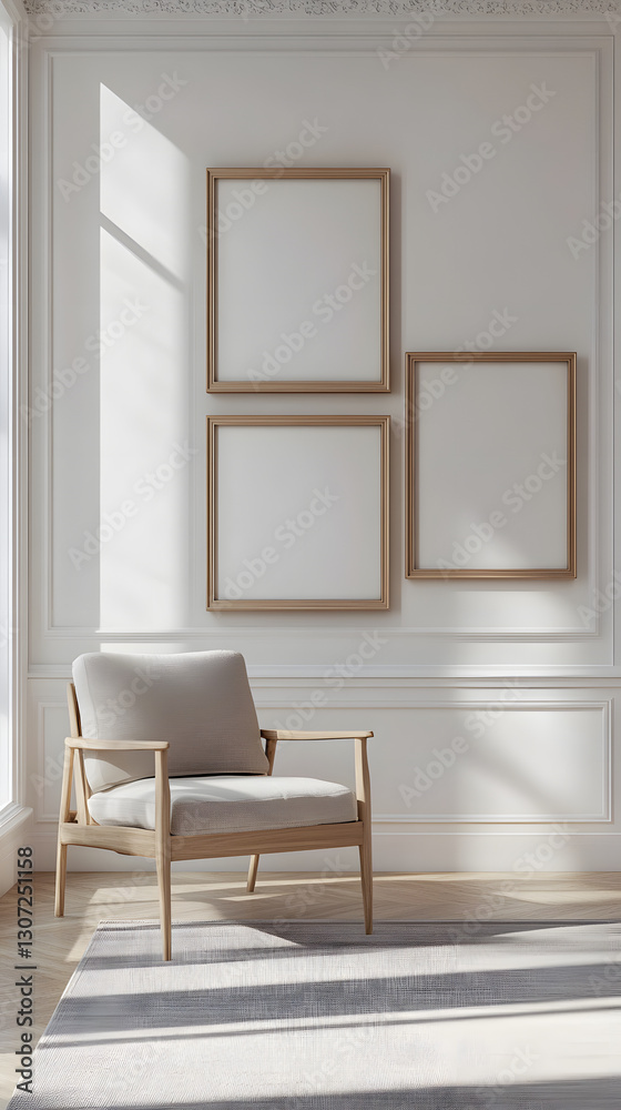Fototapeta premium Three empty picture frames hang on the wall of an elegant living room 