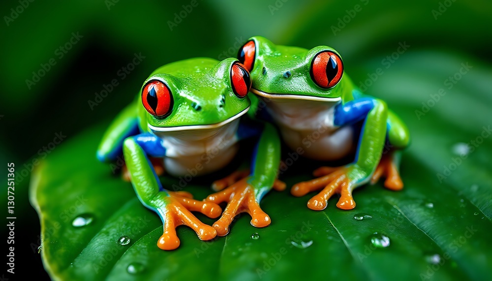 Obraz premium Two Red-eyed Tree Frogs Resting on Leaf in Lush Rainforest