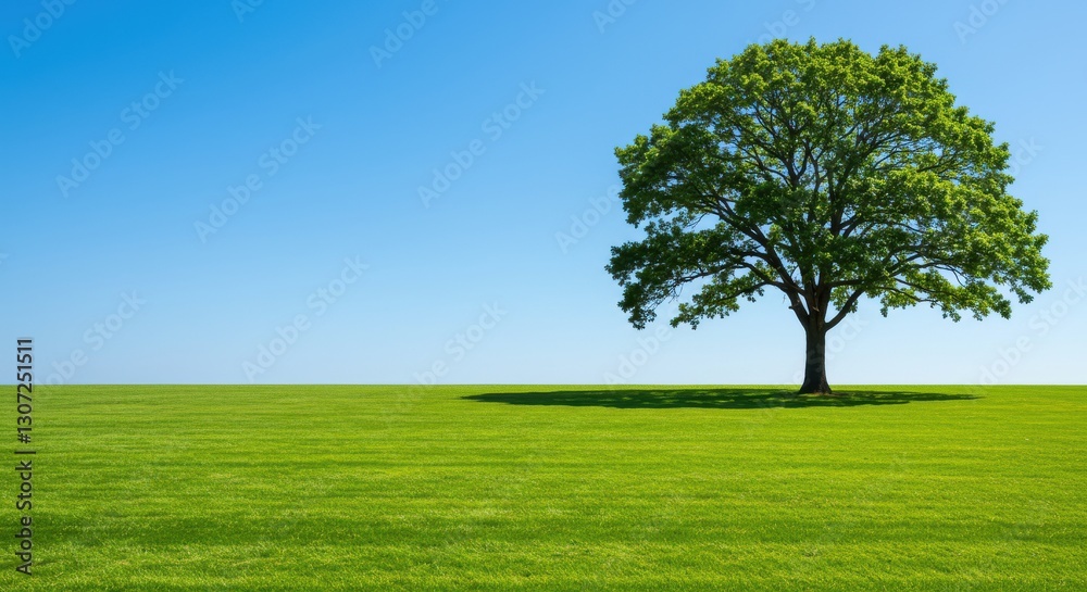 Lush green field with a solitary tree under a clear blue sky, serene landscape Lush green field with a solitary tree under a clear blue sky, serene landscape