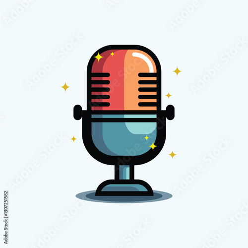 A stylish vintage microphone illustration with a modern, colorful design and sparkling effects, symbolizing podcasting, broadcasting, and voice recording.