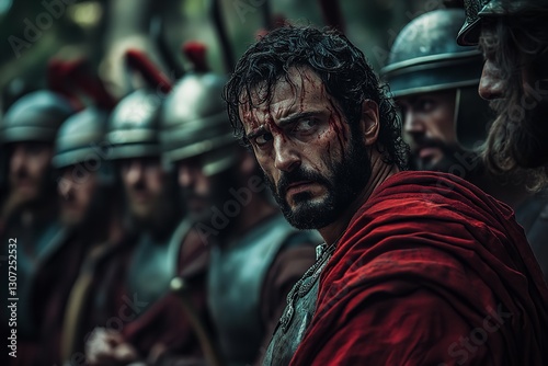 Judas, the betraying apostle, sells his allegiance to a group of Roman soldiers by referring to Jesus of Nazareth. Generative Ai