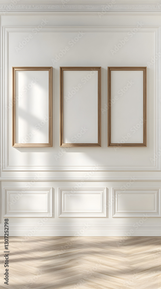 Fototapeta premium Three empty picture frames hang on the wall of an elegant living room 