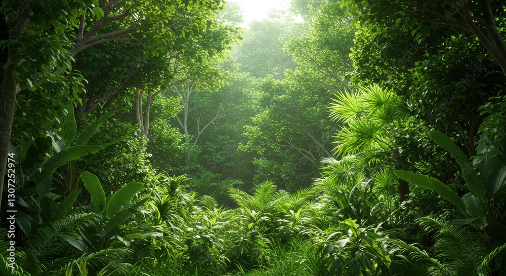 Fototapeta premium Lush green forest landscape with dense foliage and soft sunlight filtering through trees