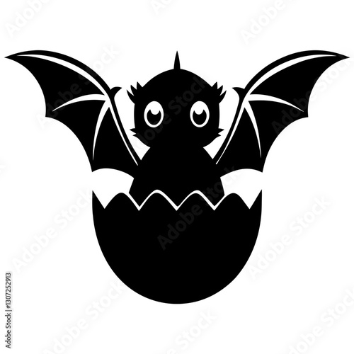 Baby Dragon Hatching from Egg - Black Silhouette Vector