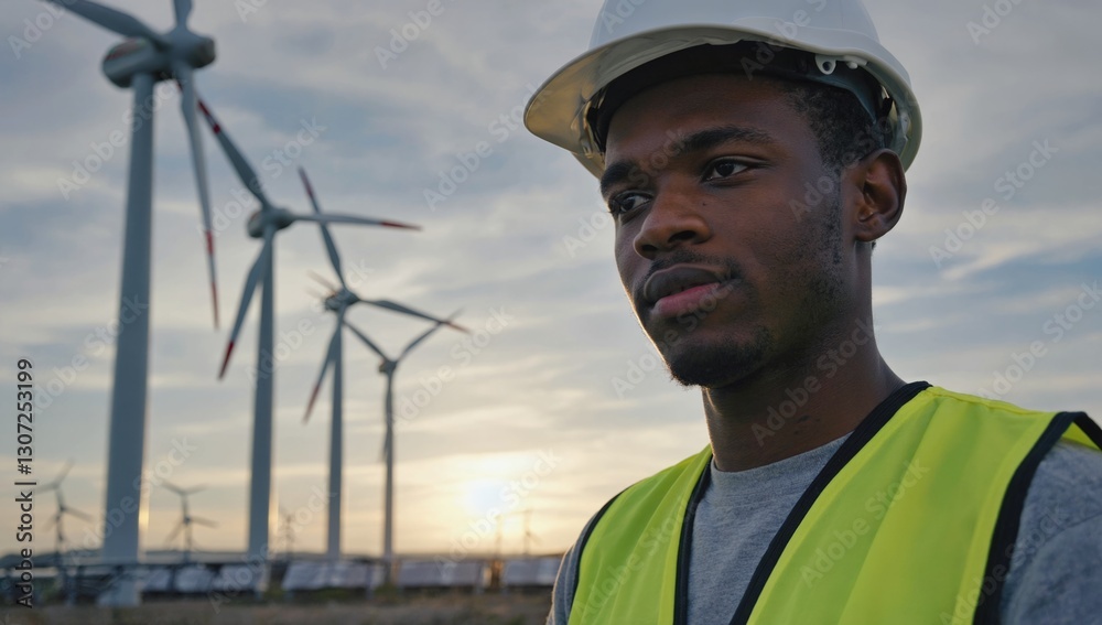 A technician in a safety vest and hard hat stands among wind turbines during sunset, highlighting the importance of renewable energy in modern technology A technician in a safety vest and hard hat stands among wind turbines during sunset, highlighting the importance of renewable energy in modern technology