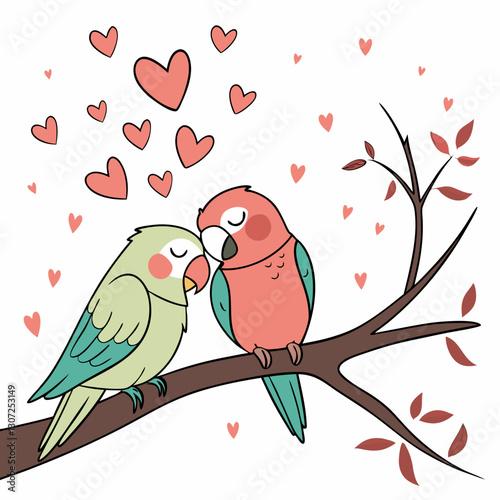 Adorable Lovebirds Cuddling on a Branch - Romantic Valentine’s Day Vector