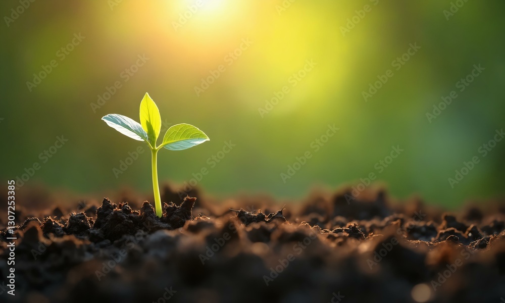 A single green sprout emerging from moist soil, morning sunlight, detailed and atmospheric. A single green sprout emerging from moist soil, morning sunlight, detailed and atmospheric.