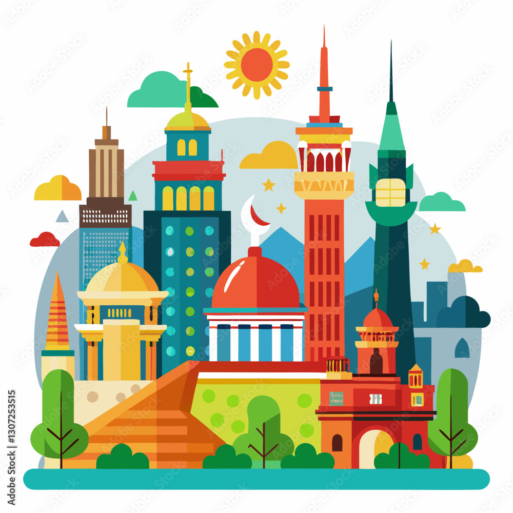 Fototapeta premium City landmarks in vibrant illustration with sunny background