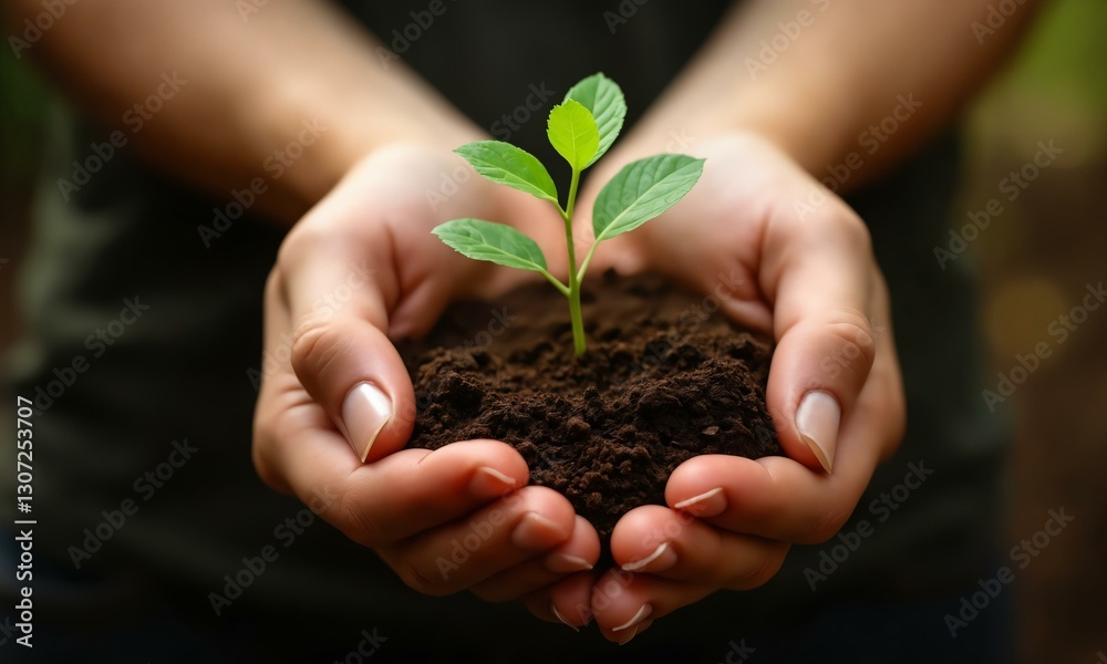 Hands gently holding a tiny tree sapling, rich soil falling between fingers, warm earthy tones. Hands gently holding a tiny tree sapling, rich soil falling between fingers, warm earthy tones.
