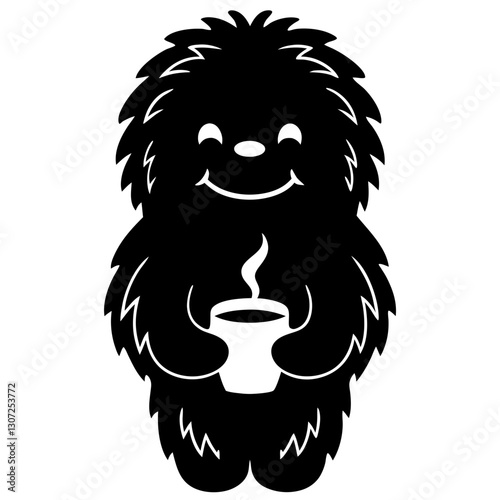 Friendly Yeti Holding Coffee - Black Silhouette Vector