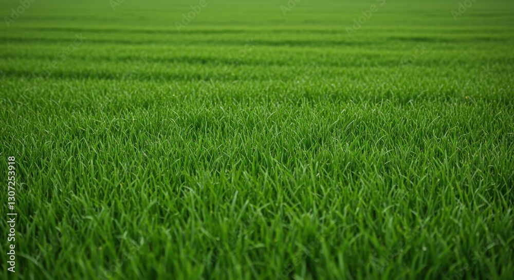 Fototapeta premium Lush green rice field under clear blue sky, showcasing nature's bounty and tranquility