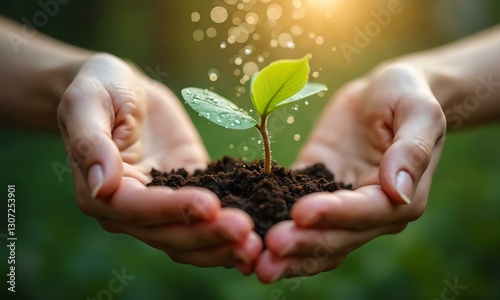 Delicate hands carefully watering a young plant, dewdrops glistening, serene and refreshing mood.