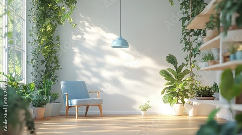 Diagonal wood planks form the base, leading to a chic light blue chair—each detail inviting touch and gaze. Minimalism meets warmth in this cozy setting photo