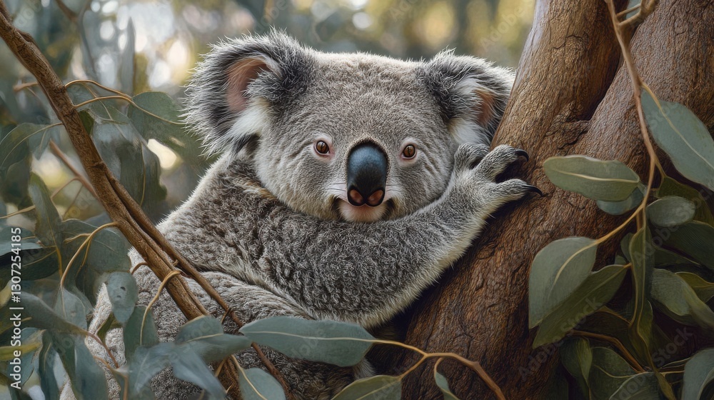Fototapeta premium A koala clings to a tree, surrounded by lush green leaves, showcasing its adorable face and unique features in a natural habitat.