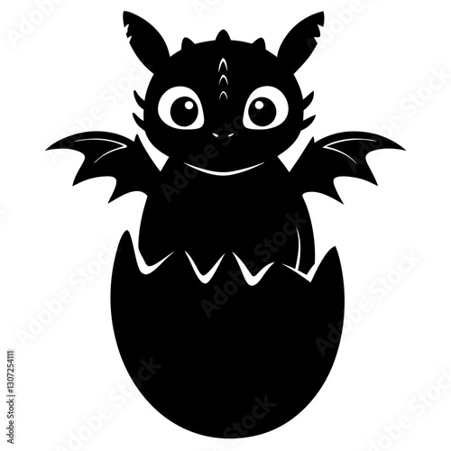 Baby Dragon Hatching from Egg - Black Silhouette Vector