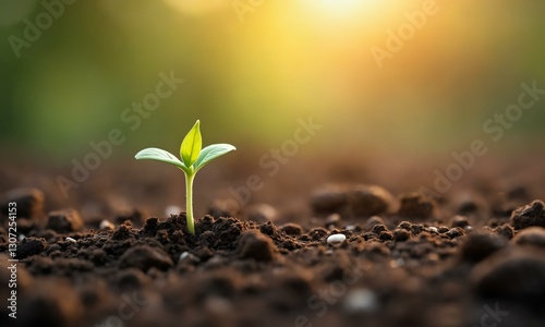 A delicate seedling stretching towards the sun, soil textured with tiny pebbles, earthy tones.