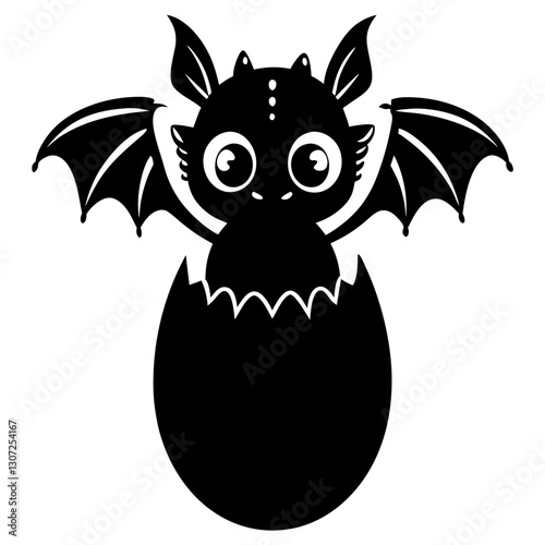 Baby Dragon Hatching from Egg - Black Silhouette Vector