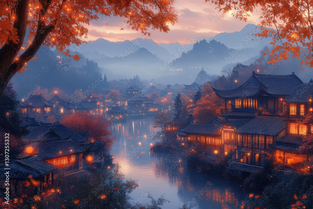 Fototapeta premium Autumnal Chinese Village at Night with River Backdrop