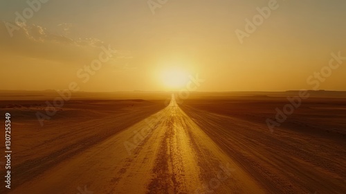 Expansive Desert Landscape at Sunset with Road Leading into Horizon and Warm Golden Sunlight Illuminating the Sky