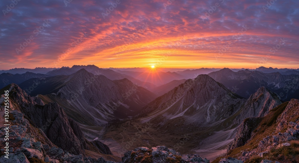 Naklejka premium Majestic sunrise over mountain peaks with vibrant clouds and serene valley below