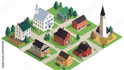 Isometric View of Litchfield, Connecticut's Charming Streets