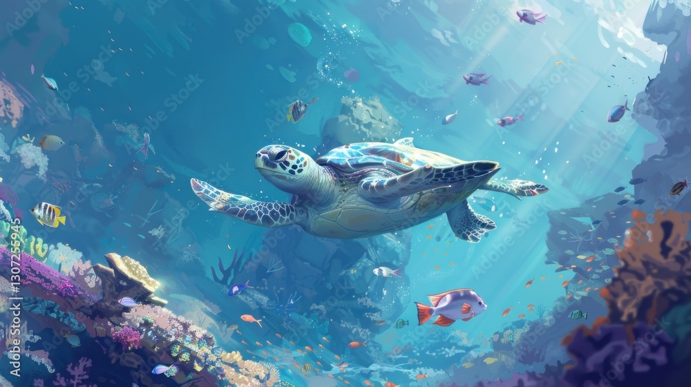 Fototapeta premium A large sea turtle swims gracefully among colorful coral reefs