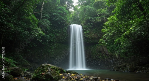 Majestic waterfall cascading into serene pool surrounded by lush greenery