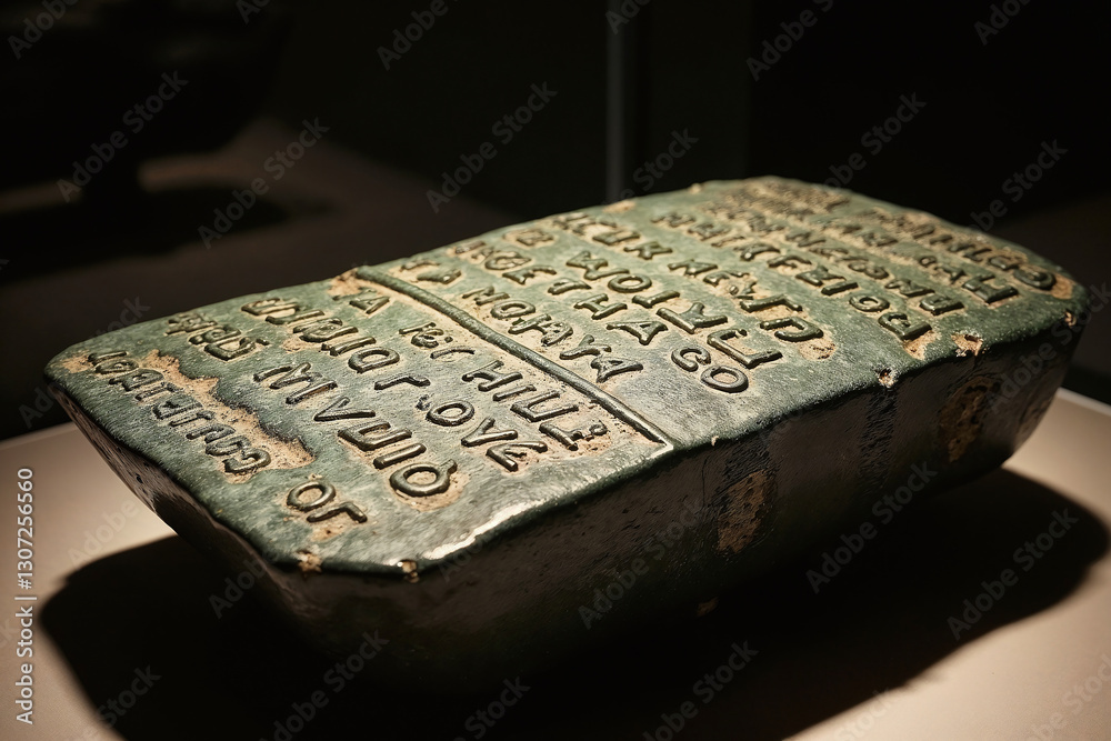 Fototapeta premium Ancient Green Stone Tablet with Classical Greek Inscriptions on Beige Surface