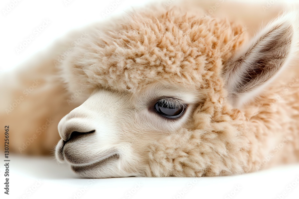 Close up portrait of young beige alpaca lying down showing soft fluffy wool texture and gentle facial features against white background, isolated. Close up portrait of young beige alpaca lying down showing soft fluffy wool texture and gentle facial features against white background, isolated.